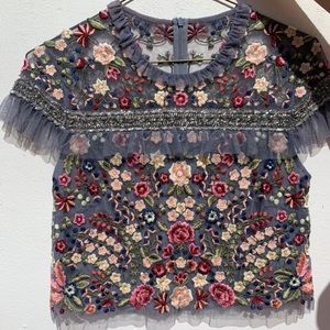 Needle & Thread blue embellished tulle crop top.